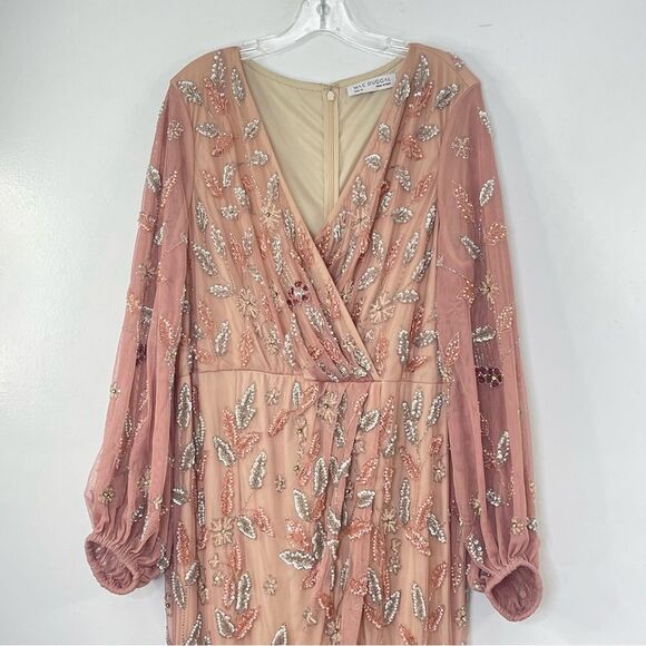 Mac Duggal 93755 Floral Beaded Surplice V-Neck Long Balloon Sleeve Gown, Size 16 - Picture 4 of 16